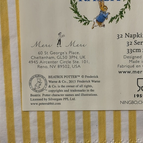 NEW MERI MERI PETER RABBIT HOP LITTLE RABBIT HOP HOP HOP 13 X 13 NAPKINS - Picture 4 of 6
